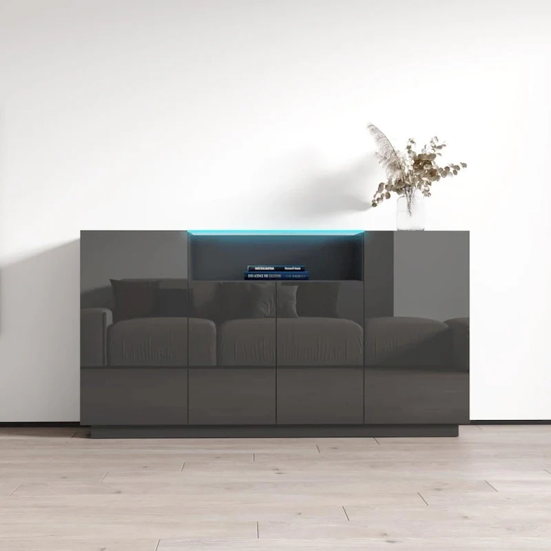 Gray / Black / White Modern Sideboard with LED Lighting, 1-Person Assembly