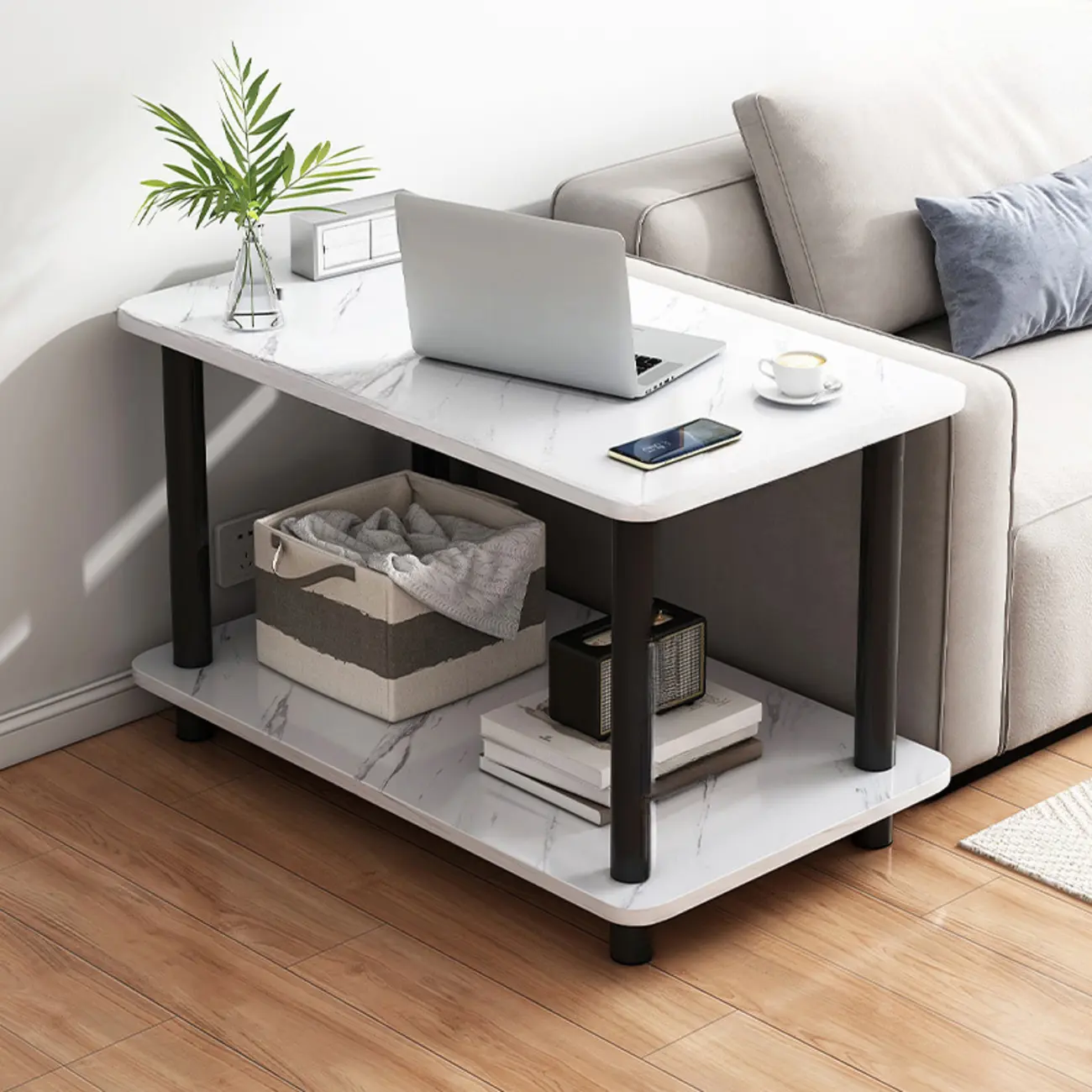Square White Wood Side Table with Shelf