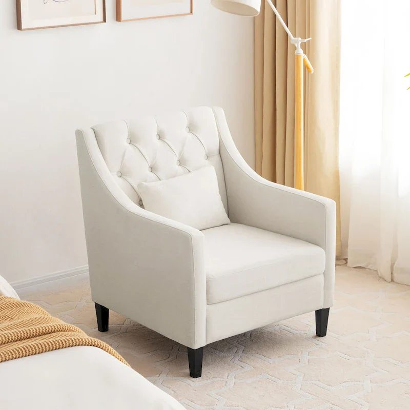 Beige 30  Upholstered Tufted Arm Chair with Lumbar Pillow