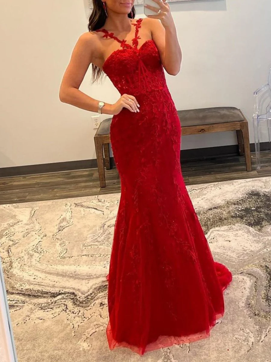 Red Mermaid Halter Lace Mermaid Long Prom Dress