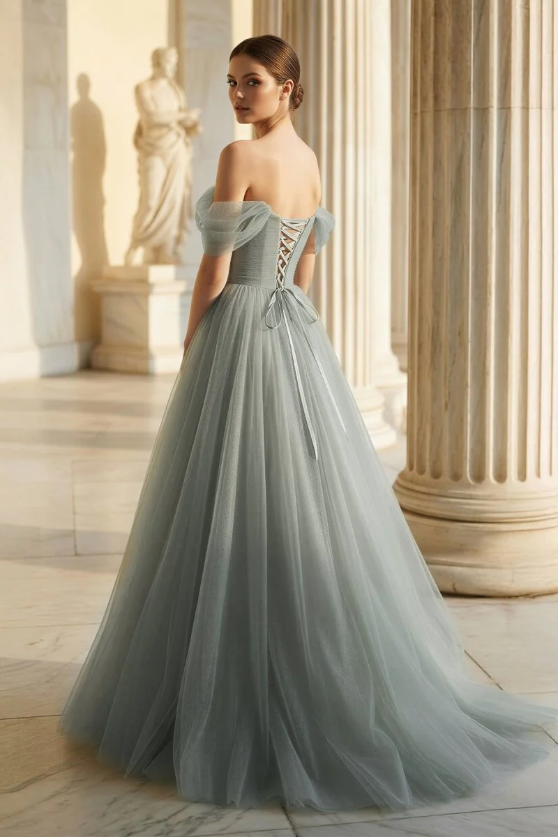 Princess Off the Shoulder Embroidering Tulle Sage Ball Gown