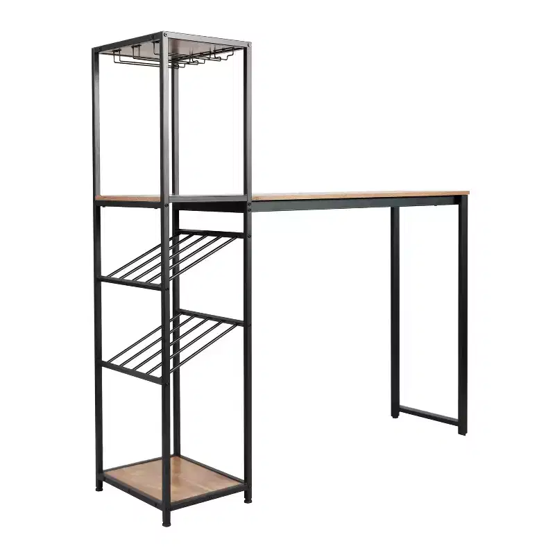 Flash Furniture Jura Metal Bar and Wine Table with 2 Slanted Shelves for Bottle Storage and Hanging Glass Storage