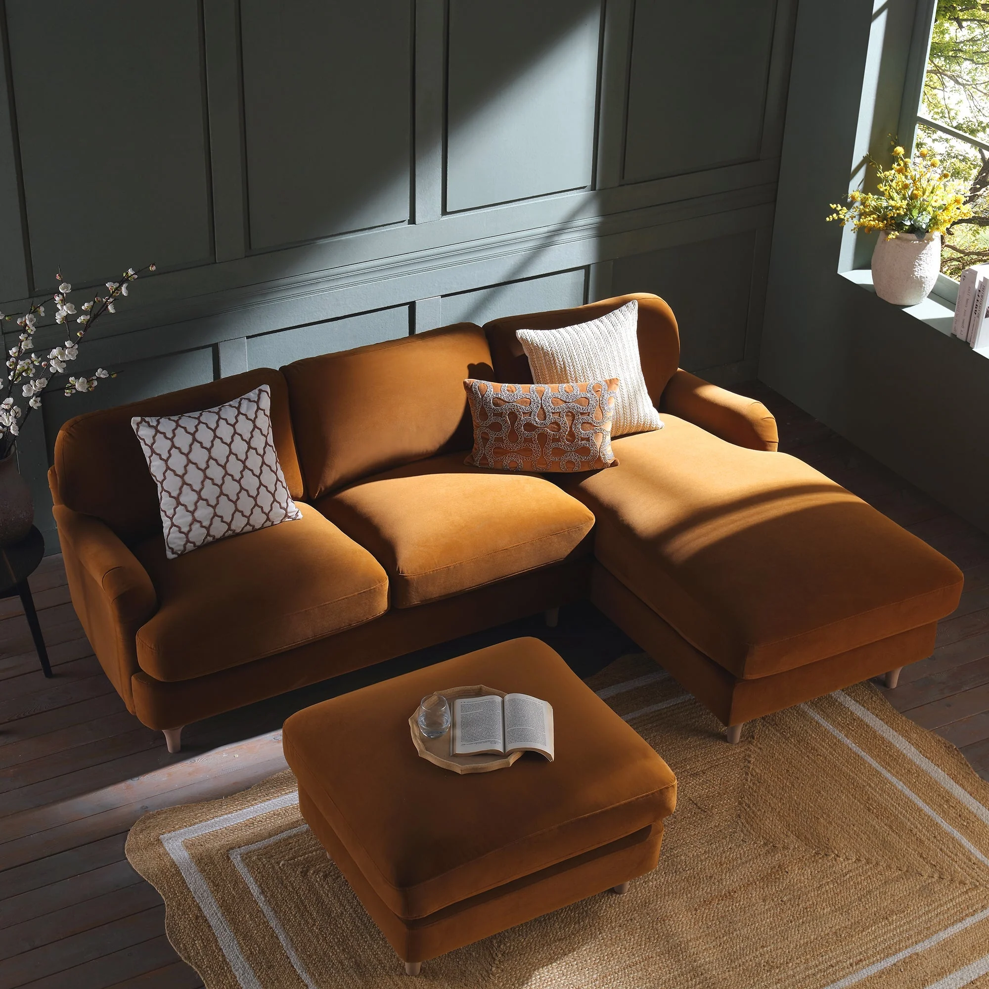 Cinnamon Velvet Sofa, Grande Chaise Sofa Right Hand Facing