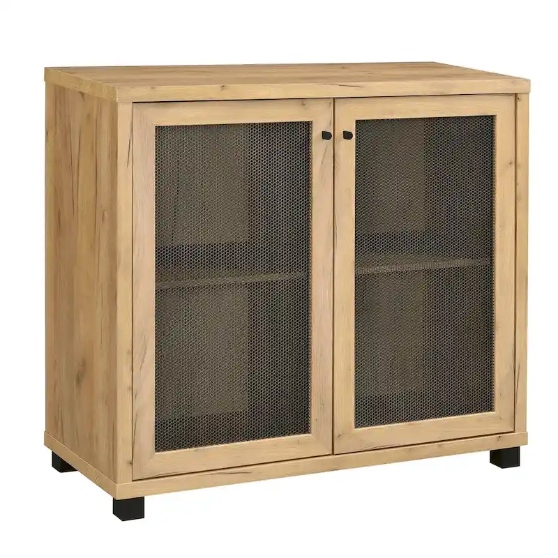 2-Door Accent Cabinet, Golden Oak & Black, Metal Mesh, Steel Legs