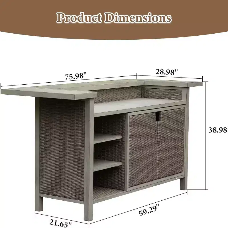 GDFStudio Wioletta Farmhouse Patio Wicker Aluminum Bar Table Cabinet