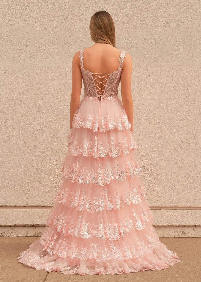 A-Line Lace Off-the-Shoulder Tiered Long Prom Dress with Slit