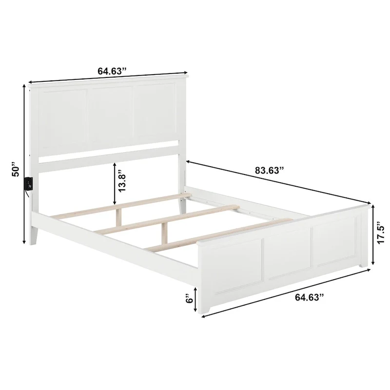 Solid Wood Foundation Bed Frame with Matching Footboard & USB Charging – White, Queen, Sleeps 2