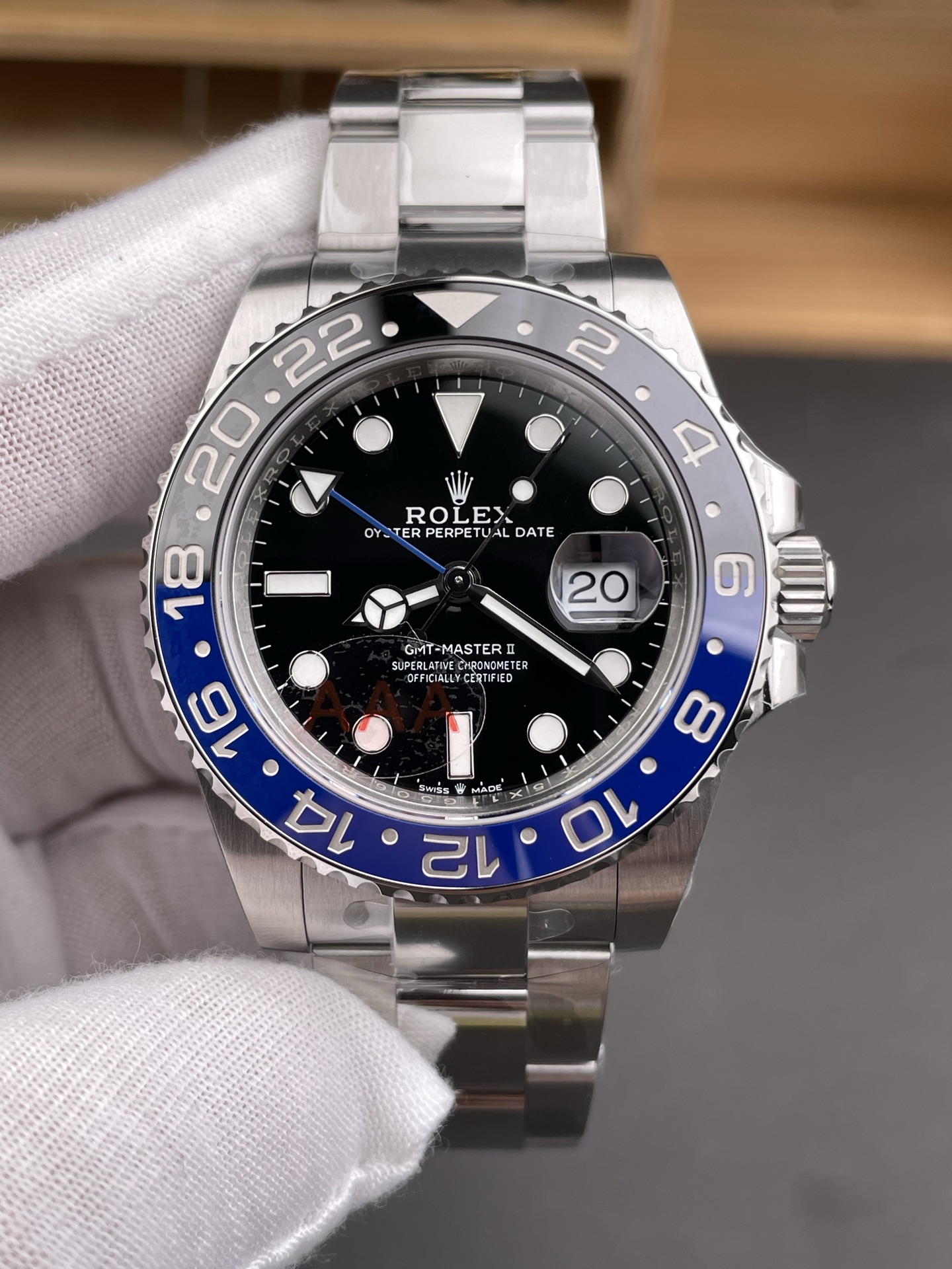 Rolex GMT-Master II replica front view with blue and black ceramic bezel on Oyster bracelet