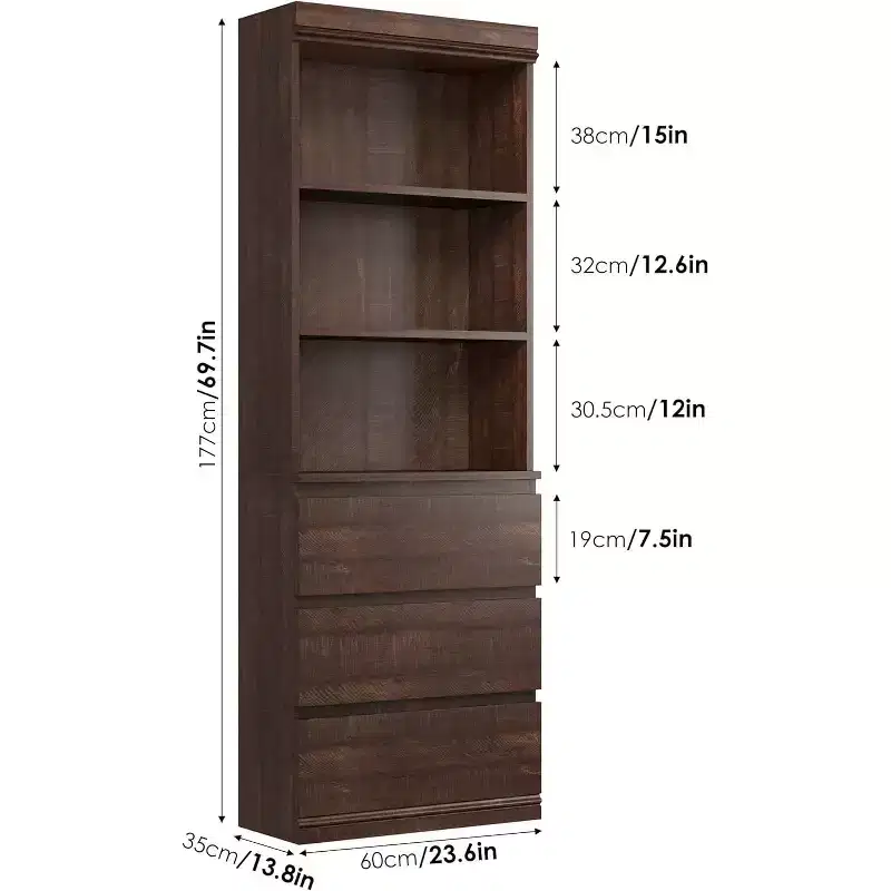 70 Inch Bookcase, Wooden Storage Cabinet Organizer with Three Drawers for Living Room, Study, Kitchen, Home Office