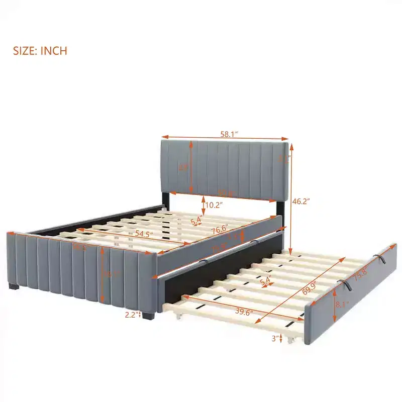 Bellemave Full Bed Frame with Trundle Bed,Velvet Upholstered Platform Bed Frame,Full Size Trundle Bed with Headboard for Kids Teens Adults (Gray)
