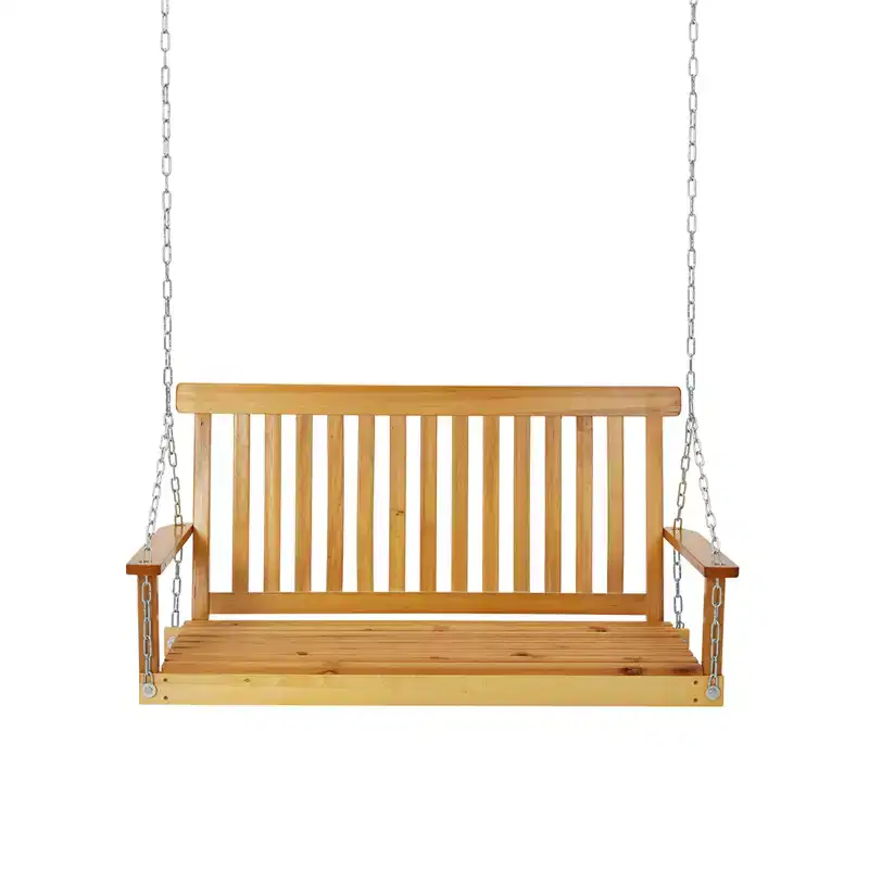 4FT Outdoor Wooden Porch Swing, Patio Hanging Bench Swing with Hanging Chains & Springs for Garden, Deck, Patio, Yard & Beach