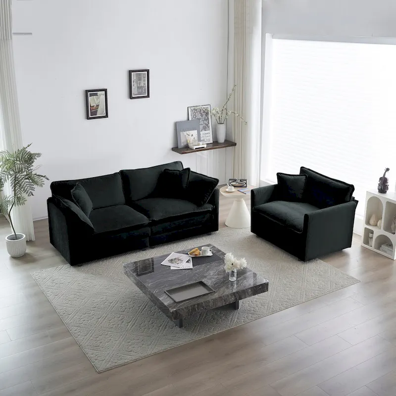 Black Chenille Sofa with Loveseat Sofa and Single Sofa