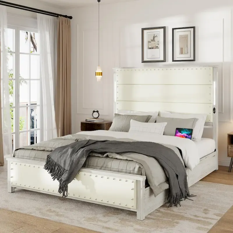 Bed Frame with Headboard and 4 Storage Drawers, Charging Station and LED Lights