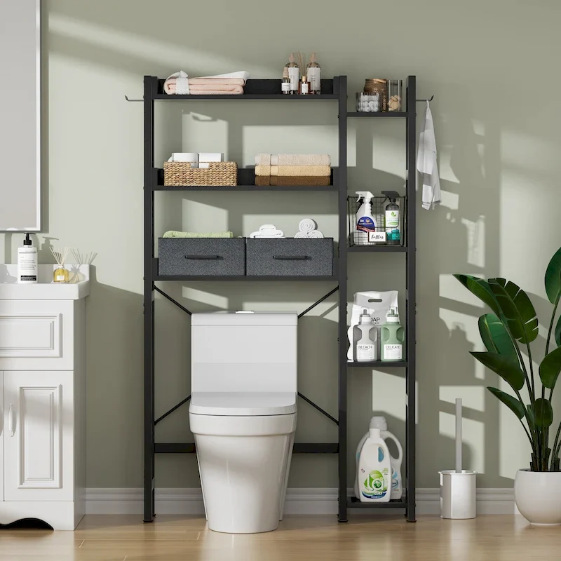 31  W Over the Toilet Storage Shelf with 2 Drawers and 4 Hooks for Restroom and Laundry