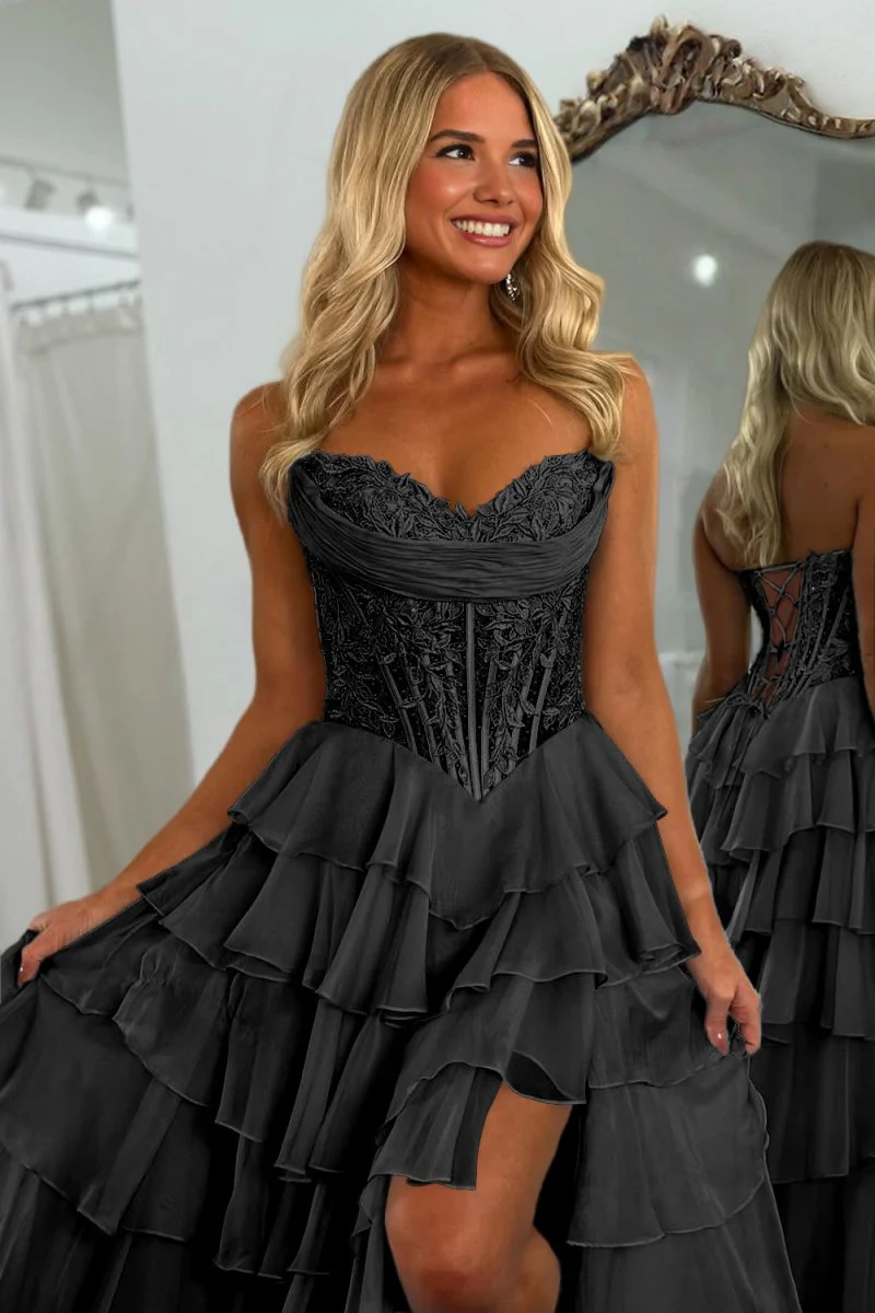 Black - Strapless A Line Chiffon Ruffled Prom Dresses With Appliques