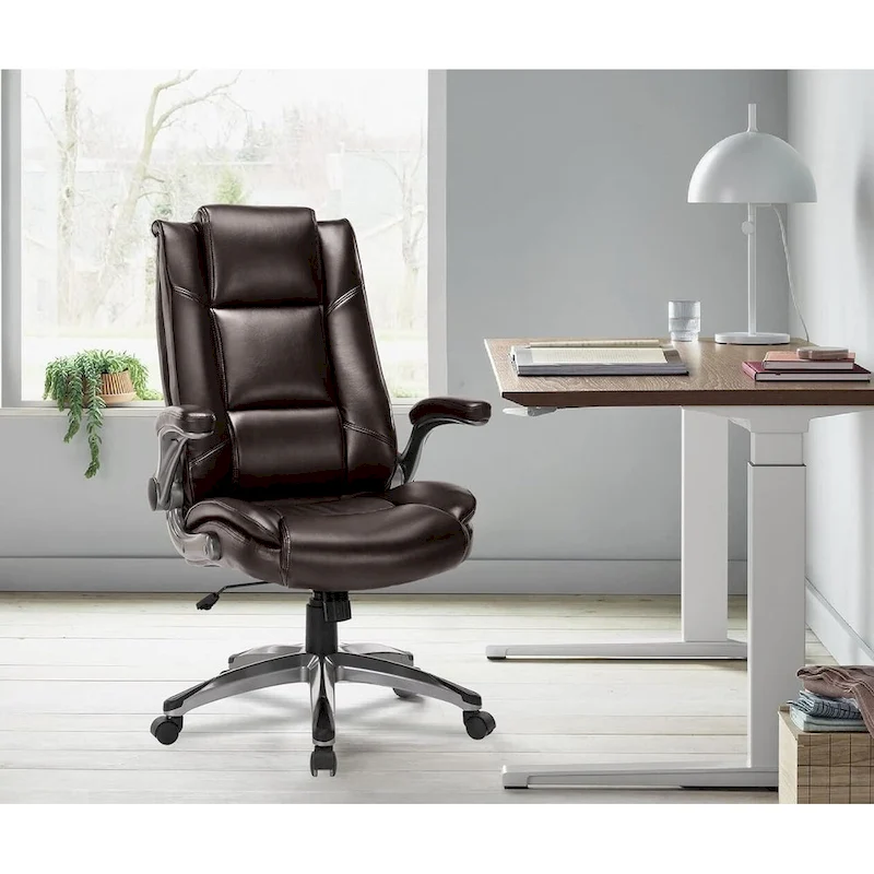 Leather Executive Office Chair- High Back Home Computer Desk Chair with Padded Flip-up Arms, Adjustable Tilt Lock