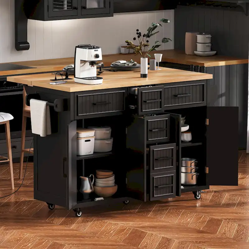 Black / White Farmhouse Rolling Kitchen Island with Drop Leaf and Built-In Power Outlet