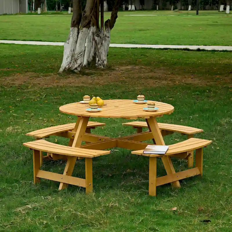 Outdoor 8 Person Picnic Table,8 person Round Picnic Table with 4 Built-in Benches,Umbrella Hole,Outside Table and Bench Set