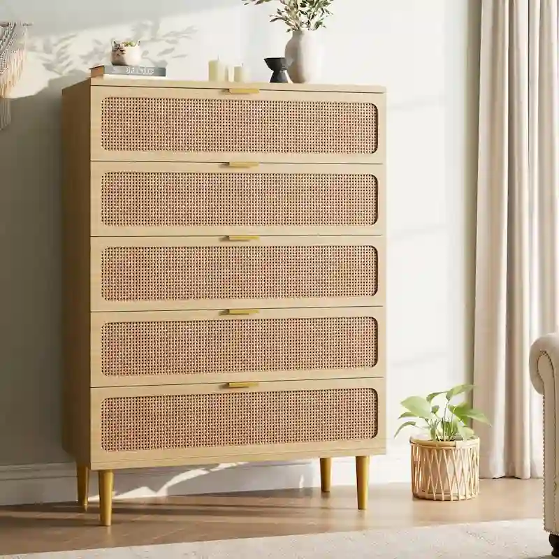 Rattan 5-Drawer Dresser for Bedroom and Hallway