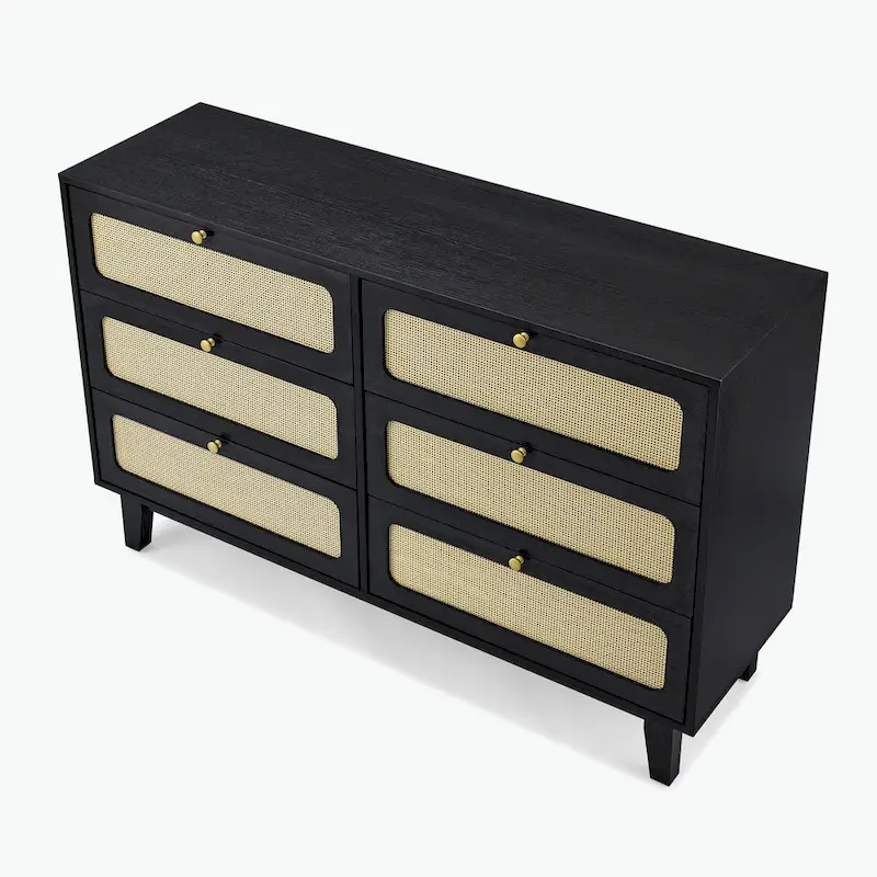 6-Drawer Dresser with Rattan Weave Fronts - Wood - 56 Inch