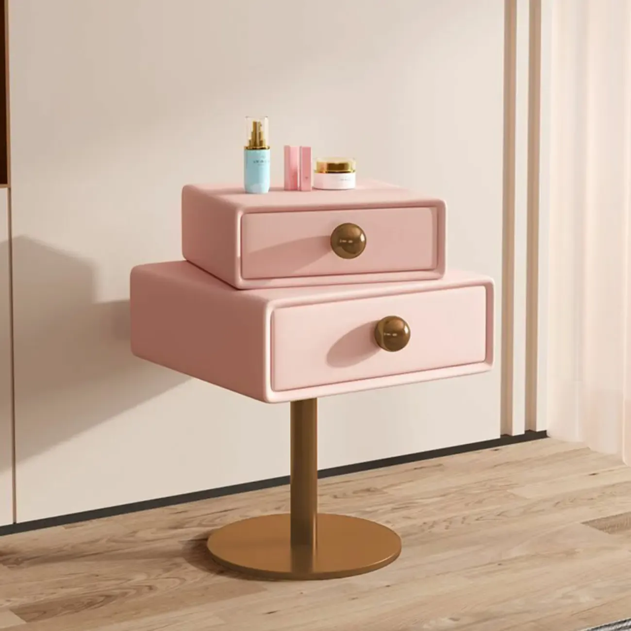 Modern Metal Faux Leather Swivel 2-Drawer Nightstand