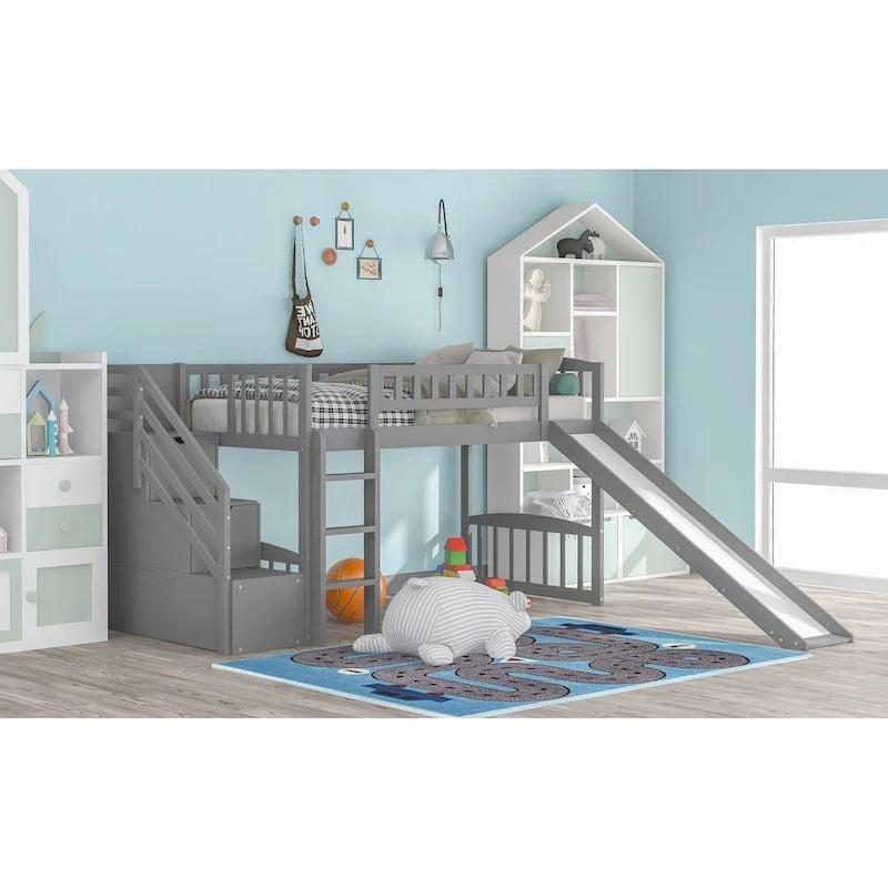 Stairway Twin Size Loft Bed with Two Drawers and Slide