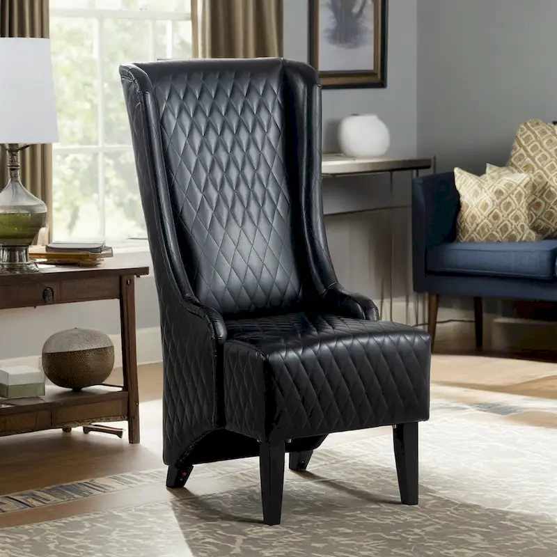 High-backed velvet wing-back chair with wooden legs