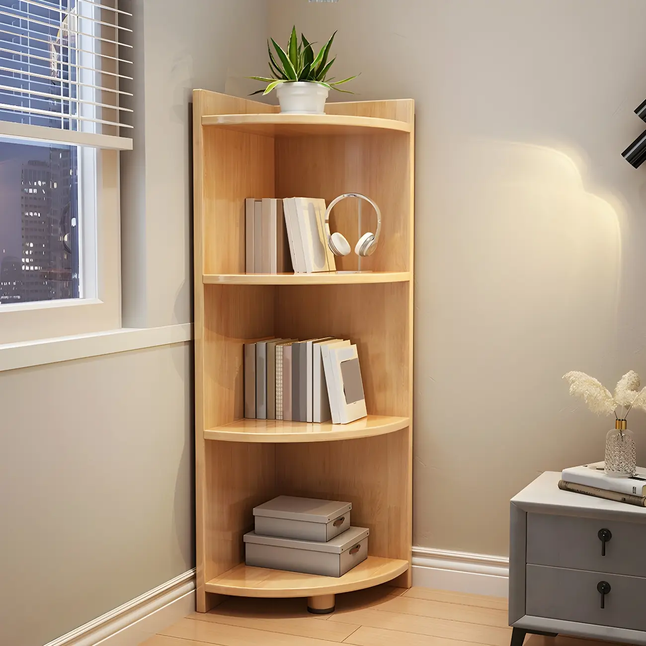 Contemporary Space-Saving Wood Walnut Corner Bookcase