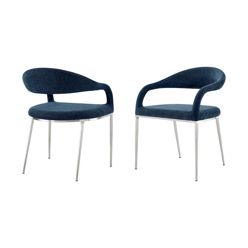 HomeRoots Set of Two Blue And Silver Upholstered Polyester Open Back Dining Arm Chairs