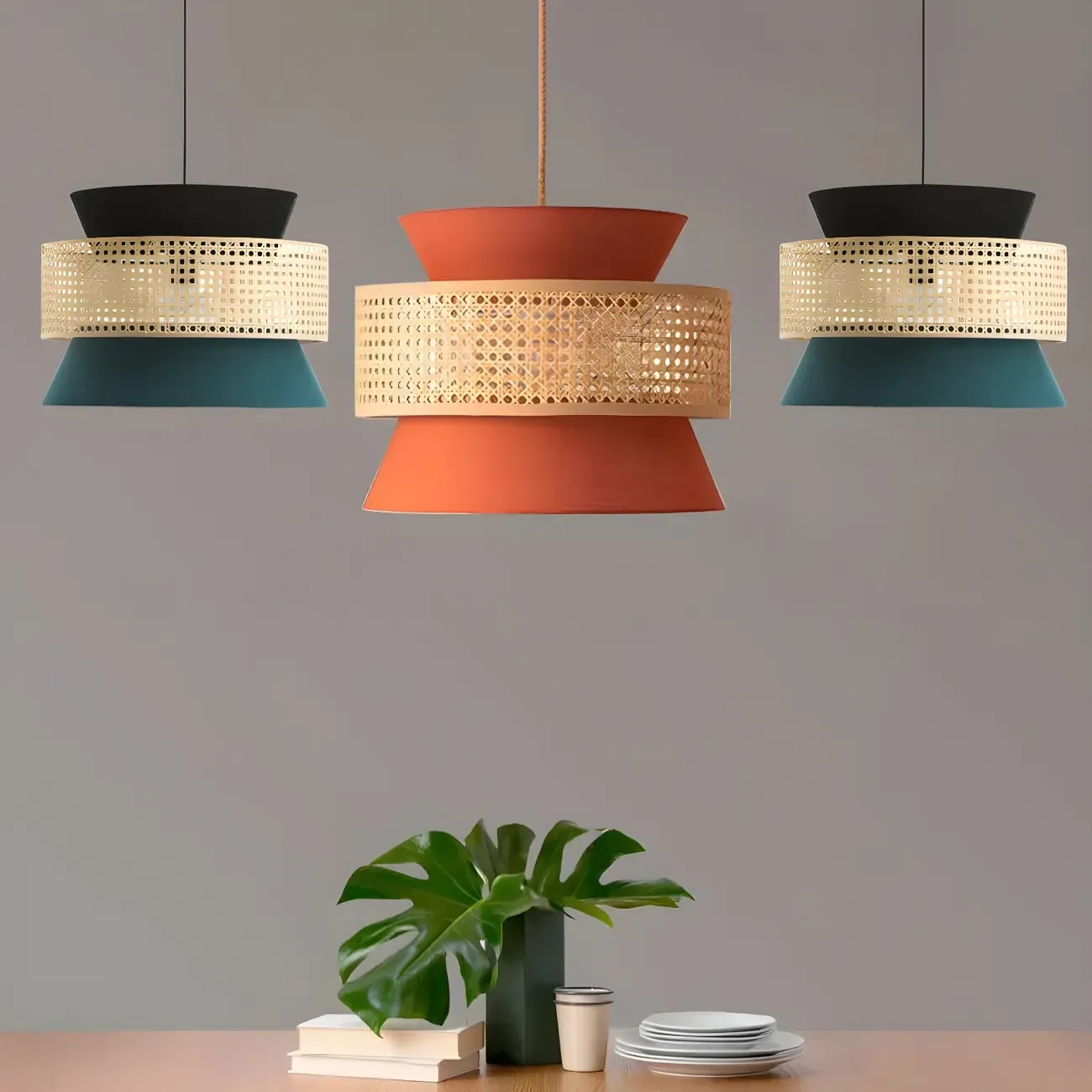 Boho Woven Modern Drum Cylinder Chandelier Adjustable Height