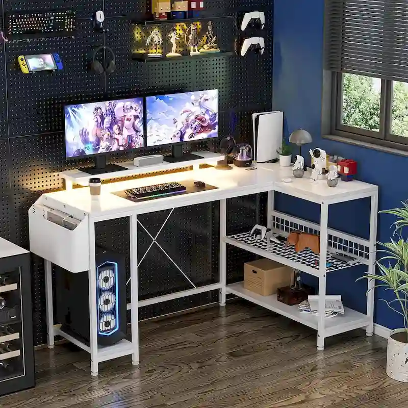 L-Shaped Corner Desk with Power Outlets and LED Lighting