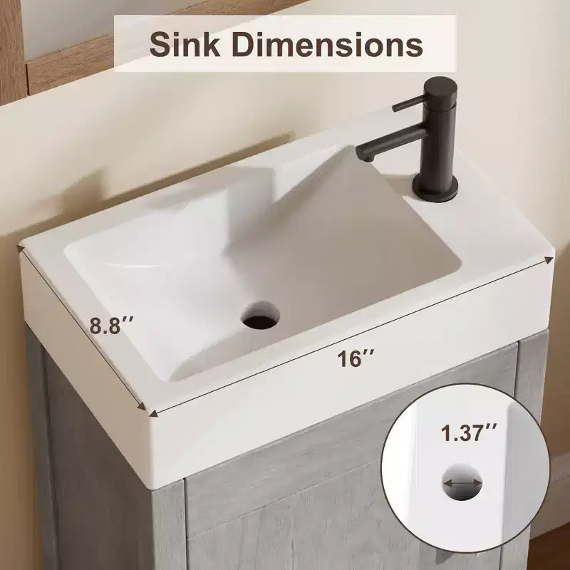 Space-Saving Modern Bathroom Vanity with basin - 16 Inch Freestanding Wooden Cabinet, Metal Handle, Farmhouse Style, Easy Assembly