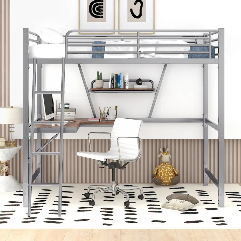 Metal Loft Bed with Desk and Guardrail