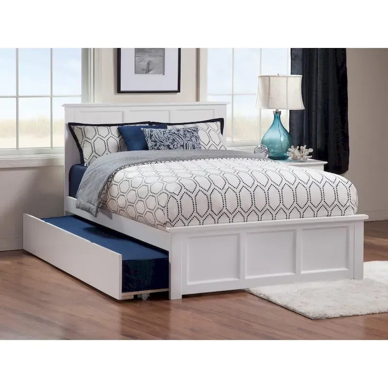 Full Platform Bed with Twin Trundle Solid Wood USB Charging No Box Spring White 800 LBS