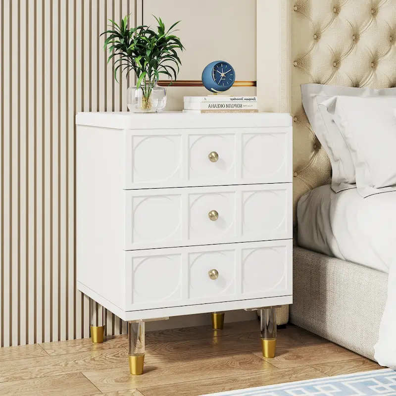 White Gold Nightstand Bedside Table with 3 Drawers