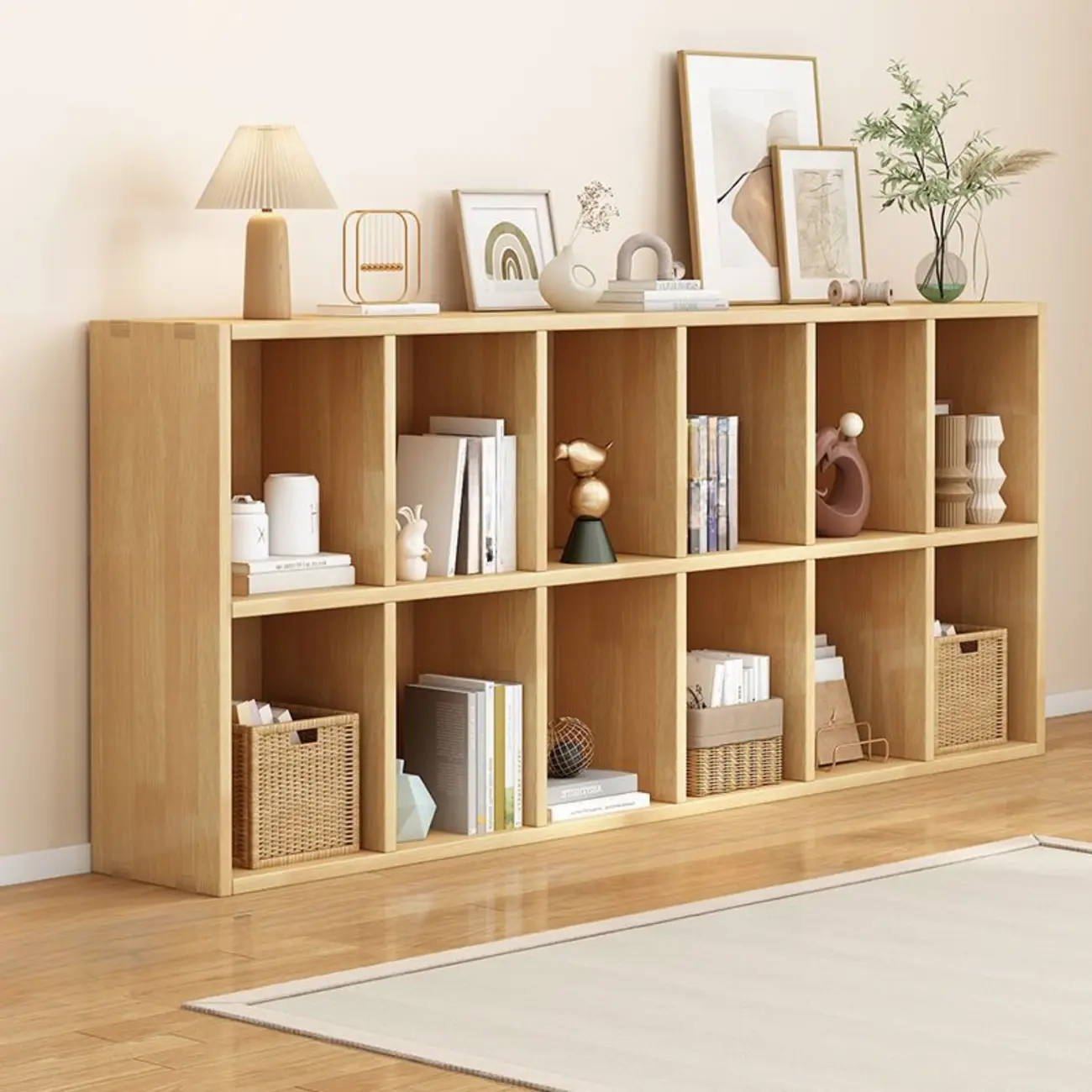 Modern Oak Bookcase Spacious Shelves Multi-Cabinets