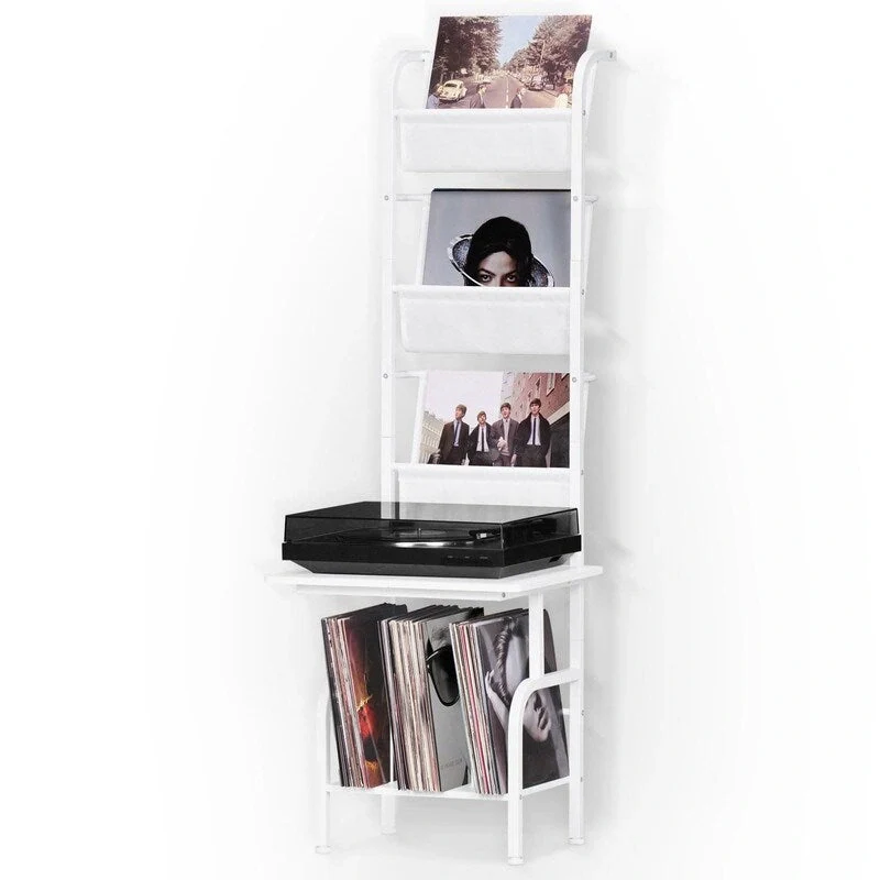White / Brown / Black Tall Record Player Stand with Vinyl Storage – Industrial Style