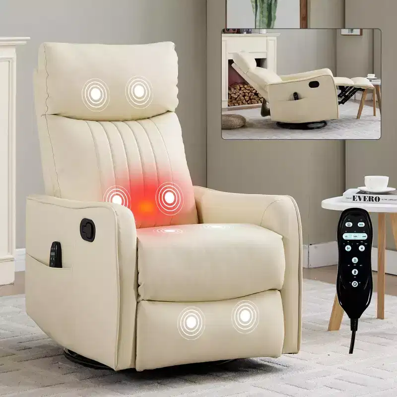 Black Faux Leather Heat Massage Manual Recliner Chair with Rocker and Swivel for Living Room