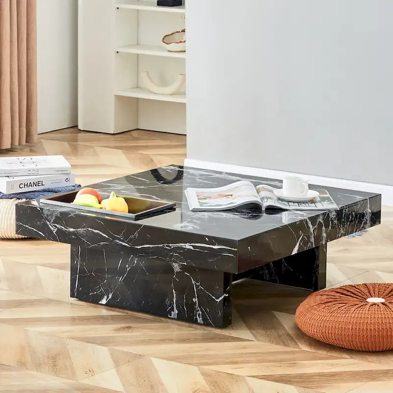Black / White Square Coffee Table with Storage Slot — MDF, Seats 4