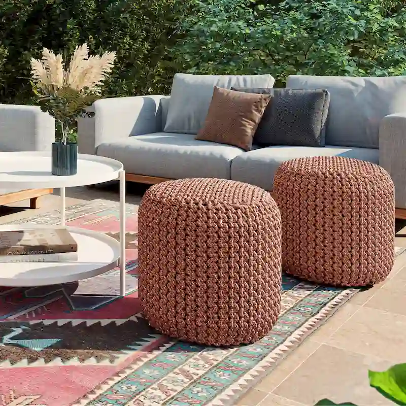 Round Knitted Pouf in Orange Recycled PET Polyester
