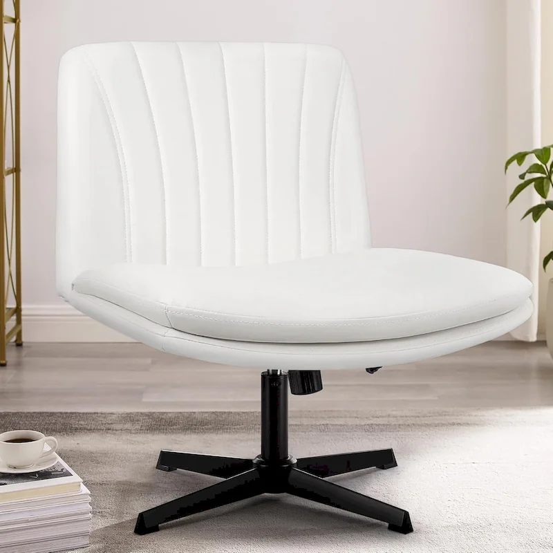 Armless Criss Cross Office Desk Chair - PU Leather Swivel Vanity Chair No Wheels