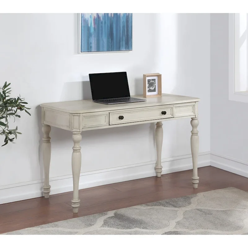 Plantation Grey / Antique White Traditional Solid Wood Desk with Full-Extension Drawer & Cable Management - Single Use