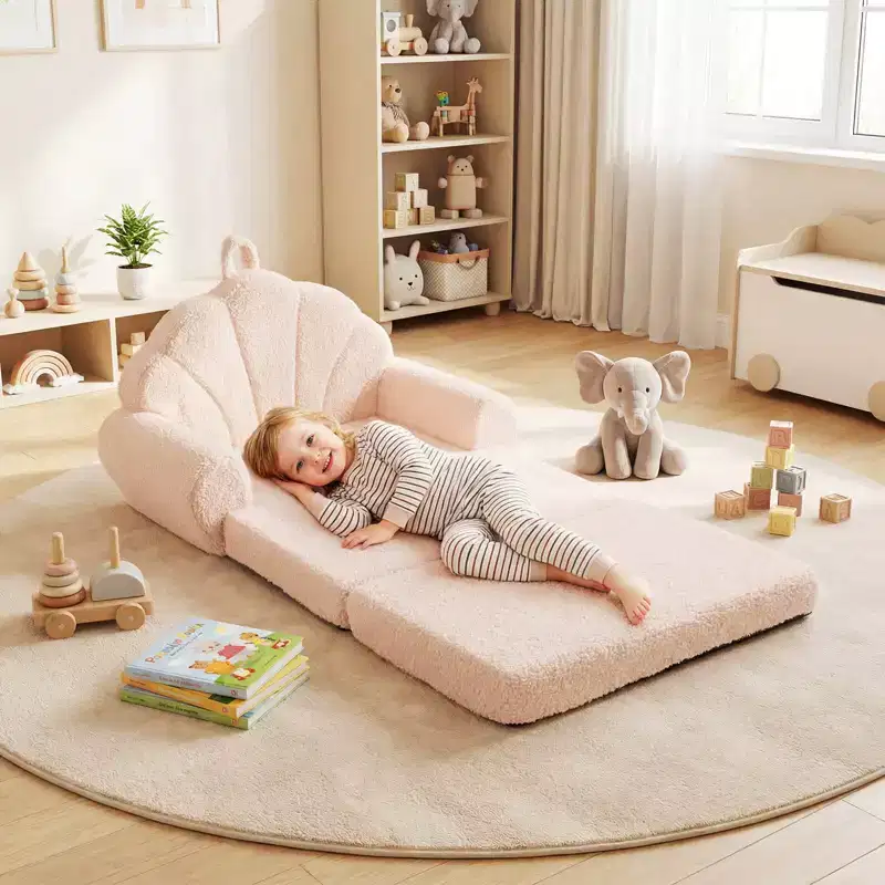 Costway Fold-out Kids Sofa 2-in-1 Convertible Toddler Couch & Lounger with Non-slip Base Beige/Green/Pink