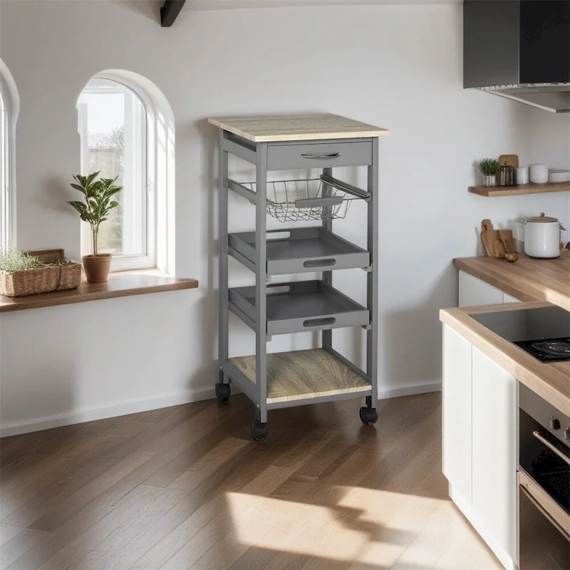 Mobile Kitchen Island Cart with Drawer and Slide-Out Storage Basket - N/A