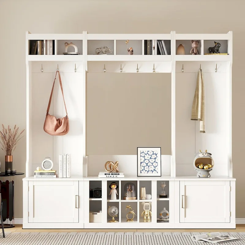 White / Black Minimalist Hall Tree with Hooks, Cabinets & Bench, for 1–2 Users