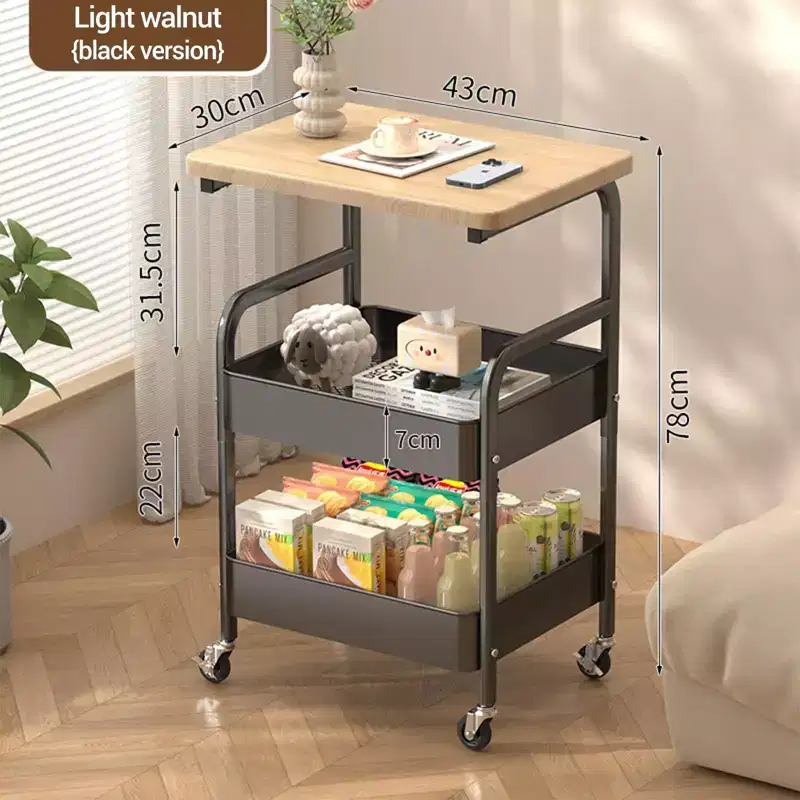3-Tier Utility Cart with Walnut Wood Tabletop, Rolling Multi-Purpose Organizer for Snacks, Coffee and Makeup, Metal Frame with Lockable Wheels