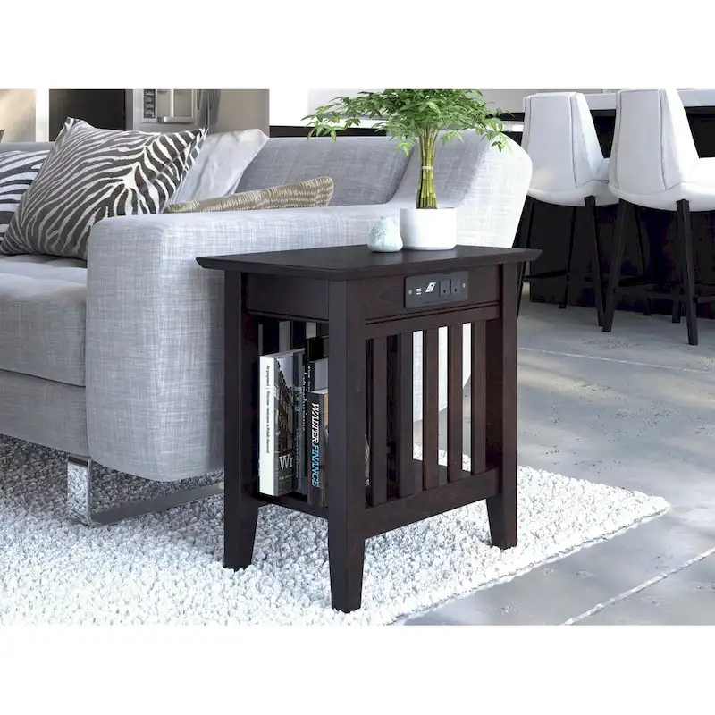 Walnut / Espresso / White / Grey Mission-Style Solid Wood Side Table with USB Charging Station - Single Use