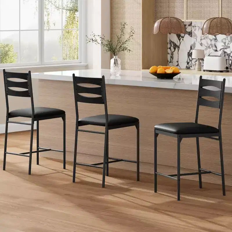 Set of 2 Counter Height Bar Stools, Faux Leather Upholstered Bar Chairs with Wooden Back, Thick Cushion and Footrest for Kitchen Island