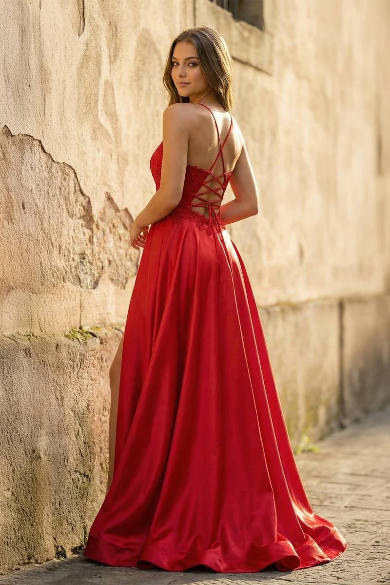 A-line Spaghetti Straps Corset Back Prom Dress With Split