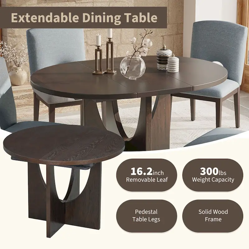 Modern Style 5-Piece Extendable Round Dining Table Set with Removable Leaf and Upholstered Dining Chairs